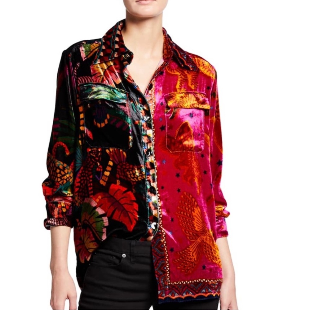 FARM RIO VELVET MIXED SCARVES TOP BUTTON DOWN SMALL